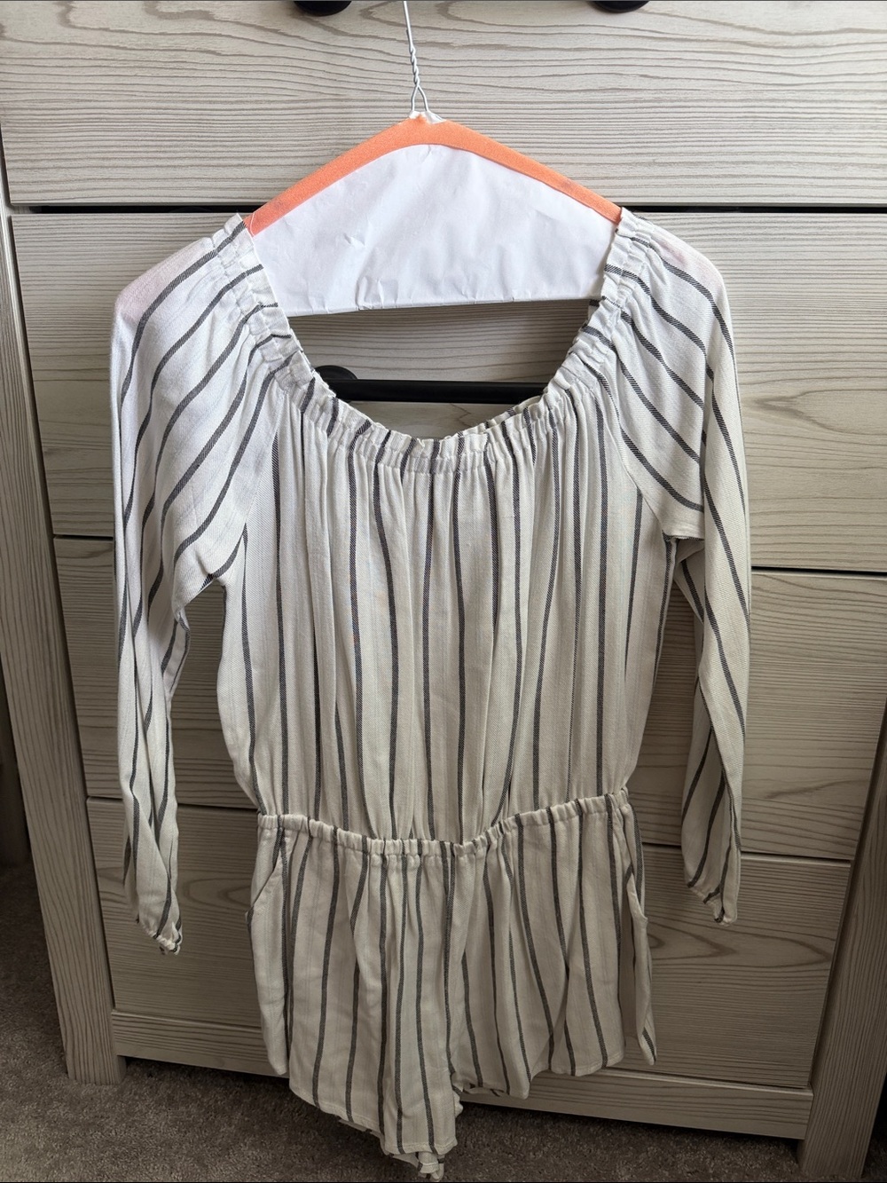 Full Tilt Cream and Gray Striped Off-Shoulder Romper
